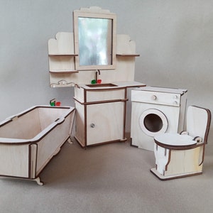 Miniature Bathroom set 1/6 for doll furniture. Dollhouse toilet, Vanity with Sink, Bathtub. Miniature furniture. DIY Doll Furniture