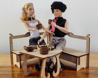 Juego de mesa de centro y banco en miniatura: muebles para casa de muñecas a escala 1/6