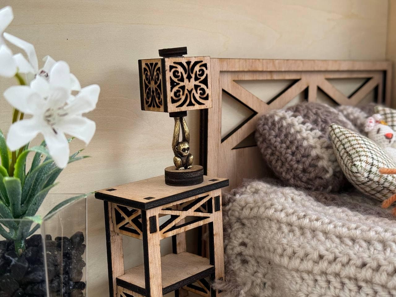 Miniature Dollhouse Lighting Decor - 1:6 Scale Bronze Monkey Table Lamp