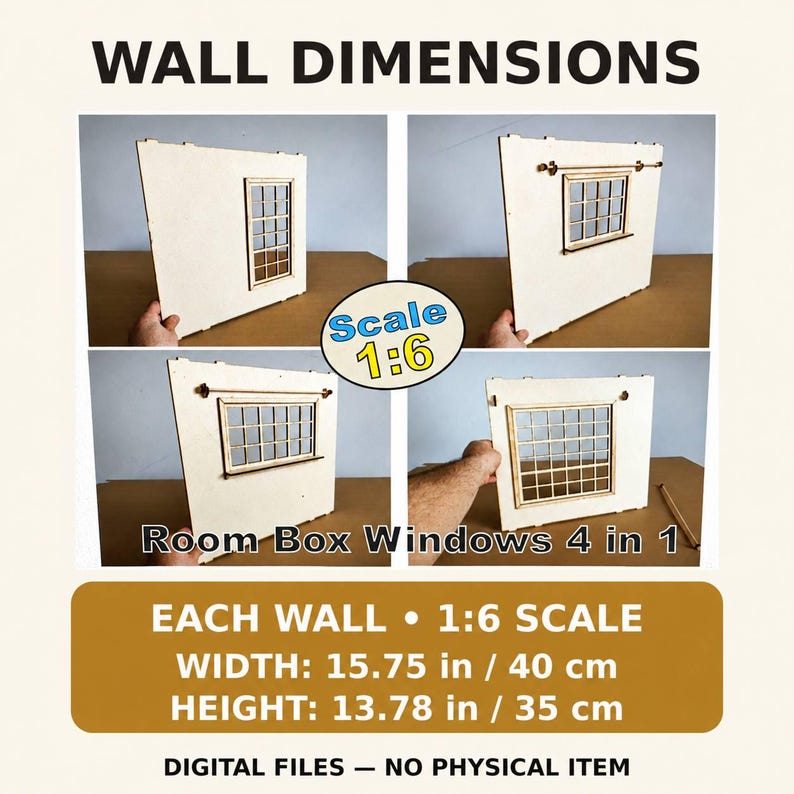 May include: A set of four light-colored wooden wall panels for a 1:6 scale room box, each featuring a window design. The panels measure 15.75 inches in width and 13.78 inches in height. The text reads WALL DIMENSIONS, Scale 1:6, Room Box Windows 4 in 1.