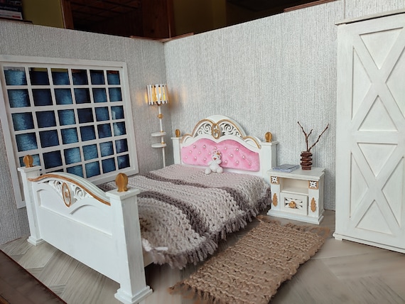 Set Letto In Miniatura Per Casa Delle Bambole - Scala 1:12, Stile Vintage, Legno, Accessori Per Camera Da Letto