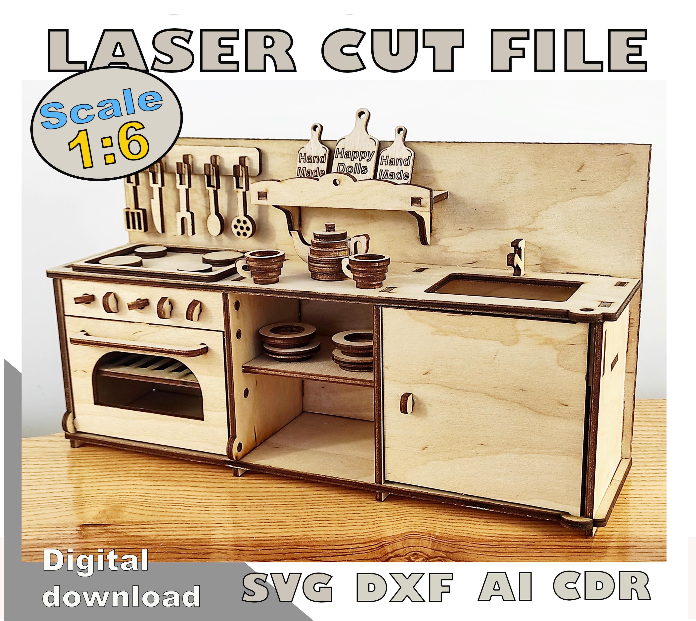 Miniature kitchen furniture digital download. Laser cut dollhouse kitchen. DIY doll furniture digital download. Doll kitchen cutting plan