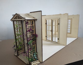 Large dollhouse with porch. Dollhouse diorama for dolls scale 1/6. Dollhouse with miniature porch. Tiny porch miniature house