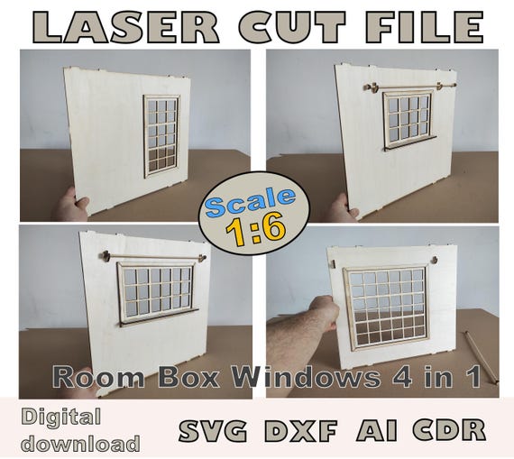 4 Dollhouse Window Designs Digital File for Laser Cutting, Scale 1/6