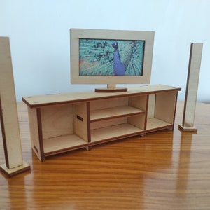 Miniature TV & Speaker Set 1:6 – Dollhouse TV Cabinet – DIY Modern Doll Furniture – Interchangeable Screen Display