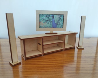 Miniature TV & Speaker Set 1:6 – Dollhouse TV Cabinet – DIY Modern Doll Furniture – Interchangeable Screen Display