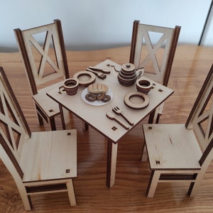 Miniature Square Table and Chairs 1/6 - Dollhouse Dining Set DIY Furniture