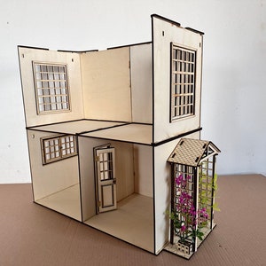 1:12 Scale Wooden Dollhouse | Stackable Two-Story Dollhouse Roombox with Porch