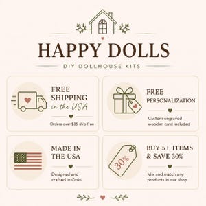 May include: A beige informational graphic with dark brown text titled HAPPY DOLLS DIY DOLLHOUSE KITS. It features four sections with icons: a delivery truck, a gift box with a tag, the United States flag, and a price tag labeled 30%.