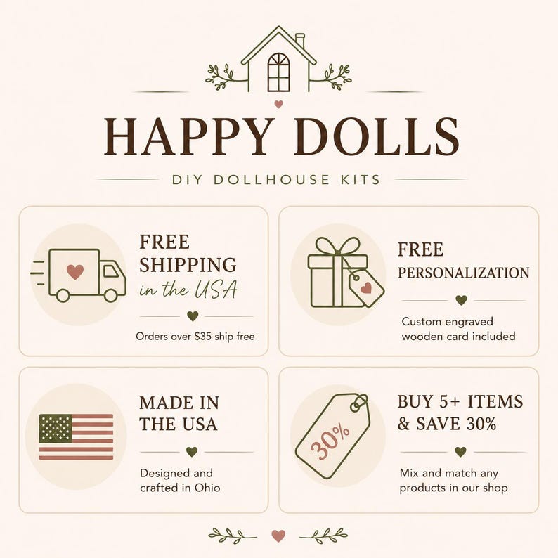 May include: A beige informational graphic with dark brown text titled HAPPY DOLLS DIY DOLLHOUSE KITS. It features four sections with icons: a delivery truck, a gift box with a tag, the United States flag, and a price tag labeled 30%.