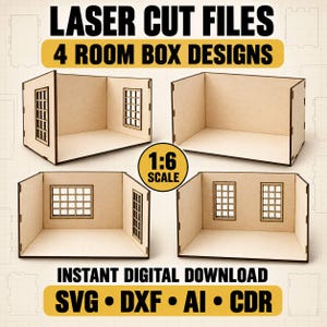 May include: Four light-colored wooden room box designs in 1:6 scale, featuring various window placements and wall configurations. The image includes the text LASER CUT FILES, 4 ROOM BOX DESIGNS, 1:6 SCALE, INSTANT DIGITAL DOWNLOAD, SVG, DXF, AI, CDR.