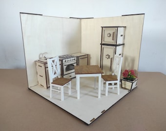 Caja de habitación modular en forma de L 1:4 1/6 1/12 / Caja de habitación de casa de muñecas de esquina / Sala de diorama apilable