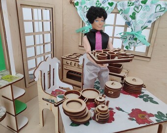 ミニチュアドールキッチン用品セット - 1:6スケールの食器23個とDIY