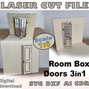 3 modèles de portes de maison de poupée - Fichier de découpe laser numérique, échelle 1:6, portes miniatures DIY