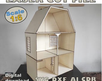 Stapelbares Puppenhaus-Laserschneidedatei. Sofortiger Download eines großen Puppenhauses mit Veranda