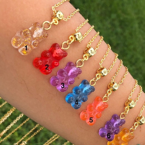 Collier Gummy Bear plaqué or 14 carats 13 couleurs différentes au choix, collier à breloques ours en peluche, collier animal, collier à breloques Gelly Bear