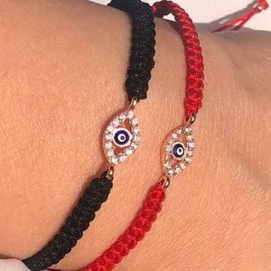 Bracelet CZ Red String Evil Eye, Black Macrame Evil Eye Bracelet Rose Gold Plated Lucky Eye Protection Bracelet Woven & Braided Bracelet