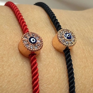 CZ Bracelet Red String Evil Eye, Black Macrame Evil Eye Bracelet Rose Gold Plated Lucky Eye Protection Bracelet Woven & Braided Bracelet