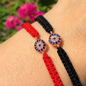 Bracelet CZ Red String Evil Eye, Black Macrame Evil Eye Bracelet Rose Gold Plated Lucky Eye Protection Bracelet Woven & Braided Bracelet