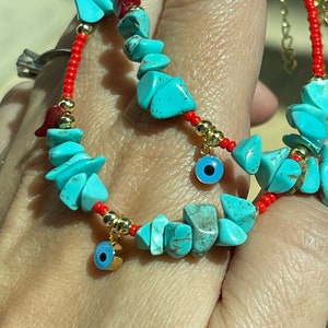 Evil Eye Anklet - Dangle Blue Evil Eye - Red Beaded - Turquoise Stones - Lucky Eye Anklet - Charm Anklet Bracelet - For Protection - Amulet