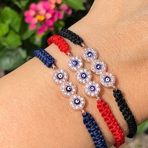 CZ Bracelet Red String Evil Eye, Black Macrame Evil Eye Bracelet Rose Gold Plated Lucky Eye Protection Bracelet Woven & Braided Bracelet