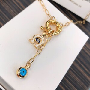 Evil Eye Charm Necklace With Dangle Horseshoe 14K Gold Filled, Lucky Eye Necklace, Evil Eye Necklace, Protection Charm Necklace Nazar