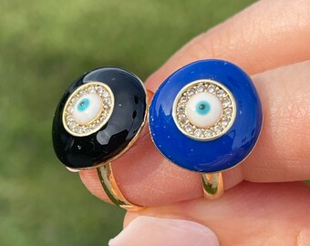 Handmade Gold Plated Evil Eye Ring: Adjustable CZ Protection Ring