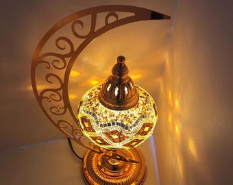 Mosaic Moon Design Contemporary Unique Design Crescent Shaped Table Lamp Turkish Moroccan Night Ramadan Bedside Lampshade Rose Gold Color
