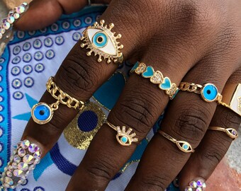 Anillo de mal de ojo, Anillo de amuleto de mal de ojo, Anillo de ojo de la suerte chapado en oro, Anillo ajustable, Anillo de mal de ojo griego, Anillos de articulación, Protección de anillo de declaración