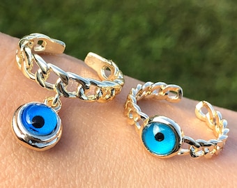Anillo de protección ajustable para el mal de ojo, hecho a mano, chapado en oro.