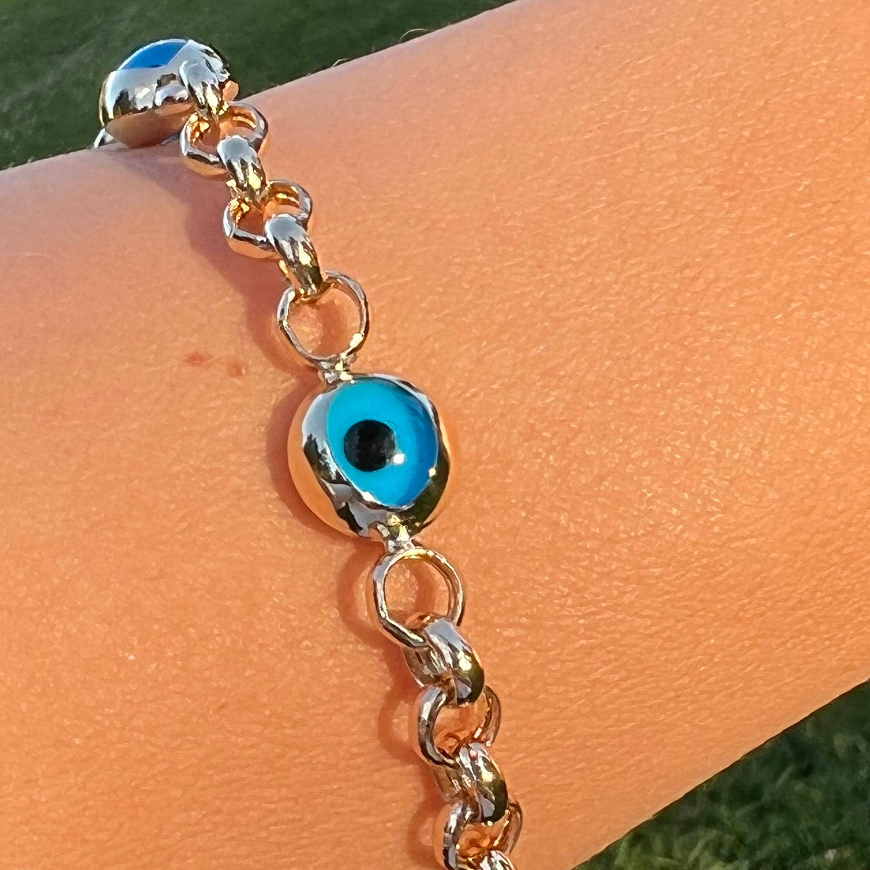 14Kソリッドゴールドのイーヴィルアイブレスレット：トルコのお守り