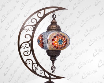 Mosaic Moon Design Contemporary Unique Design Crescent Shaped Table Lamp Turkish Moroccan Night Ramadan Bedside Lamp Lampshade Bronze Color