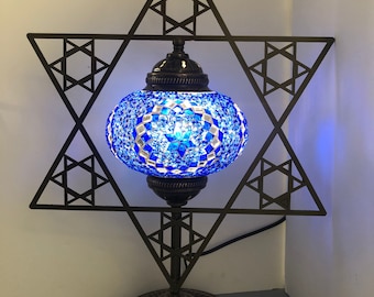 Star of David Mosaic Lamp Table Lamp Turkish Moroccan Night Bedside Accent Lamp Lampshade Boho Lamp Antique Bronze Jewish Star of David Lamp