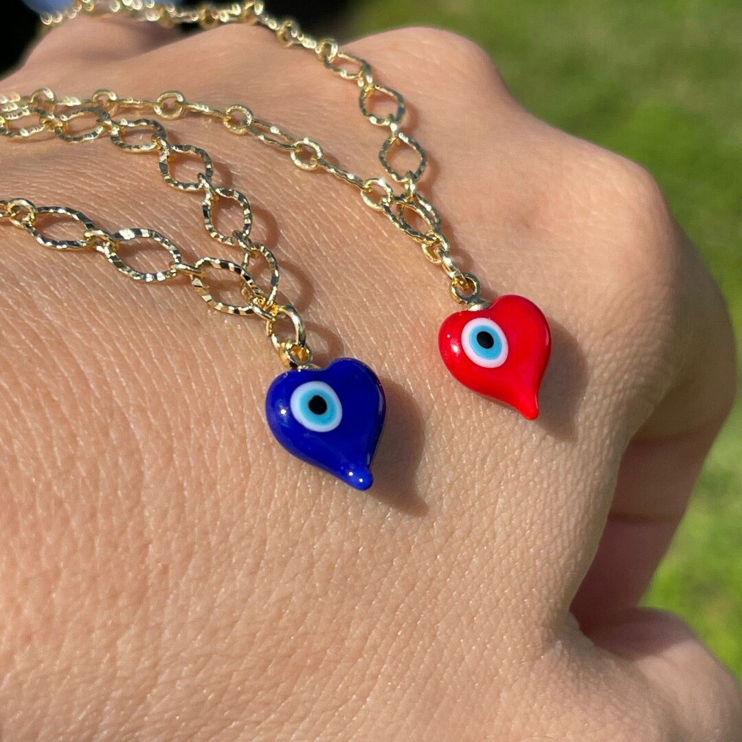 Evil Eye Heart Necklace, Heart Eye Necklace Blue & Red, Lucky Eye Charm Necklace, Evil Eye