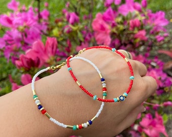 Tobillera de cuentas hecha a mano, bañada en oro de 14 quilates: Pulsera de verano con ojo malvado