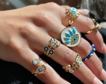 Handmade Gold Plated Evil Eye Ring: Adjustable Protection Ring