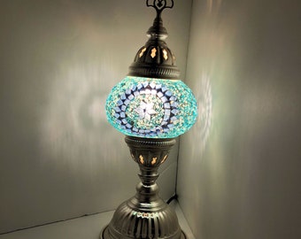 Standing Table Mosaic Lamp Table Lamp Turkish Moroccan Night Bedside Accent Lamp Lampshade Boho Lamp Silver Color Handmade Nightstand Small