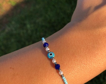 Braccialetto Malocchio Fatto A Mano In Pietra Naturale Irregolare - Perline Blu Rosse E Nere - Portafortuna Unisex