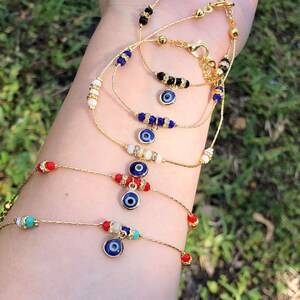 Bracelet, Evil Eye Beaded Dangle Charm Bracelet, 5 Color Options, Protection Bracelet, Greek Evil Eye Lucky Bracelet 14K Gold Plated, Amulet