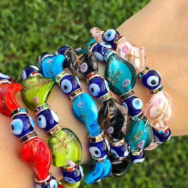 Bracelet, Evil Eye Beaded Bracelet, Hand Painted Glass, Stretchable, Dangle Evil Eye Handmade Bracelet, 6 Color Options, Handmade Bracelet