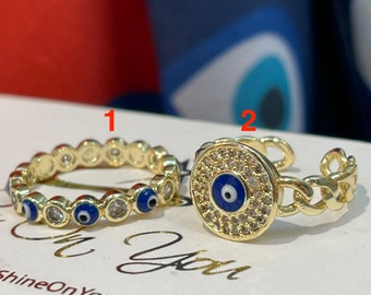 Anillo de ojo malvado chapado en oro hecho a mano: joyería de protección ajustable