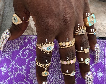 Anillo de mal de ojo, Anillo de amuleto de mal de ojo, Anillo de ojo de la suerte chapado en oro, Anillo ajustable, Anillo de mal de ojo griego, Anillos de articulación, Protección de anillo de declaración