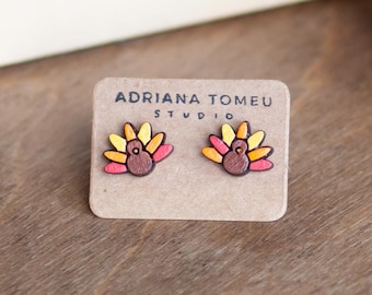 Turkey Stud Earrings - Cute, Unique Handmade Hand-Painted Jewelry - Thanksgiving Jewelry, Fun Statement Piece, Holidays