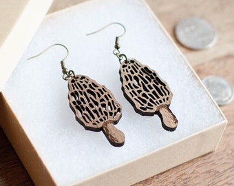 Morel Mushroom Walnut Drop Earrings w Bronze Hook - Mycology gift - Science Jewelry - Fungi - Mycoculture