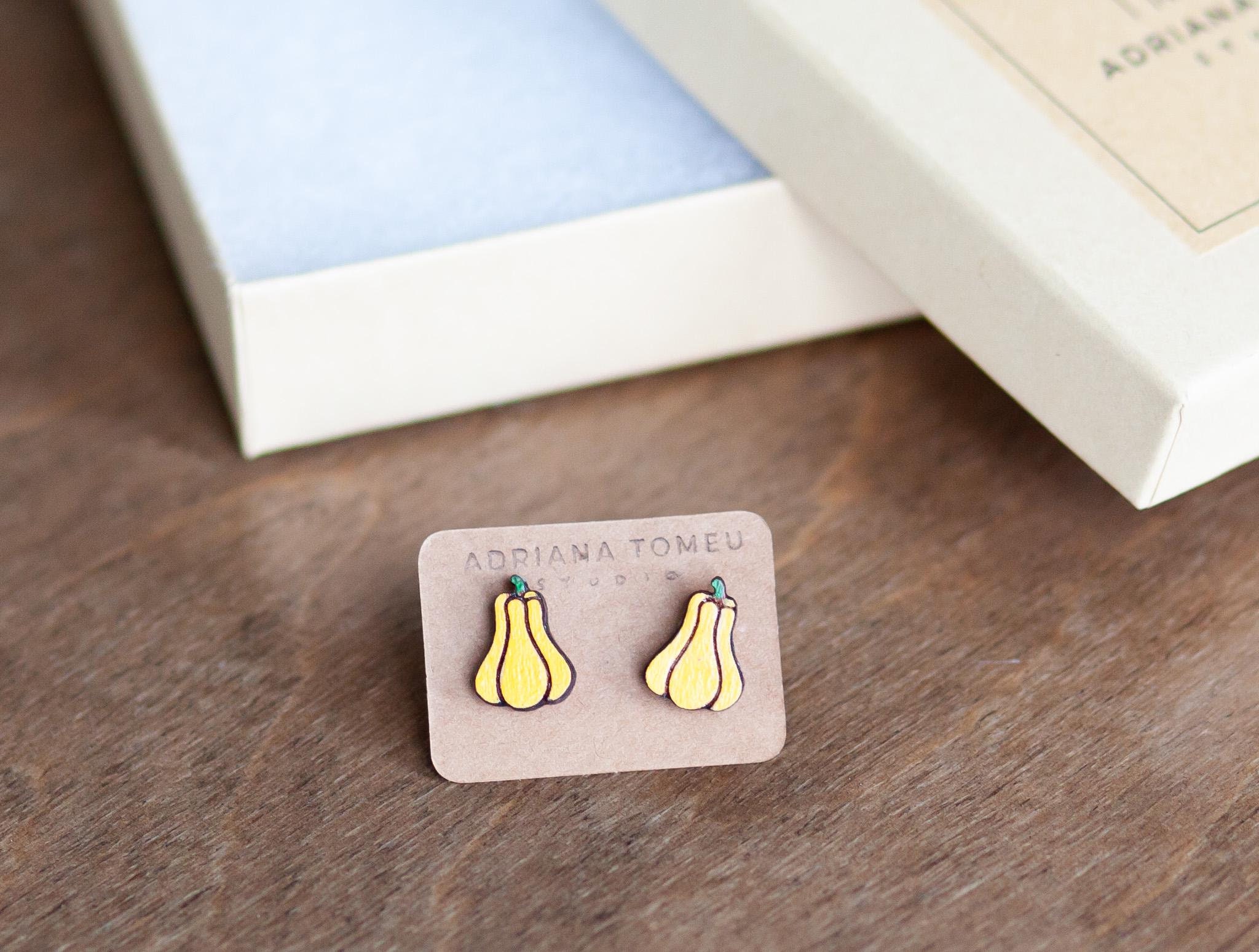 Squash Hand-painted Wooden Stud Earrings - Cute, Unique Handmade Jewelry - Farmer's Market, Vegetable, PUmpkin, Autumn Earring, Fall Gift