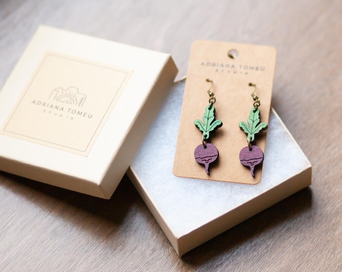 Beet Wooden Earrings - Cute, Unique Handmade Hand-Stained Jewelry - Farmer's Market, Root Vegetable, Statement Piece, Gardener Gift