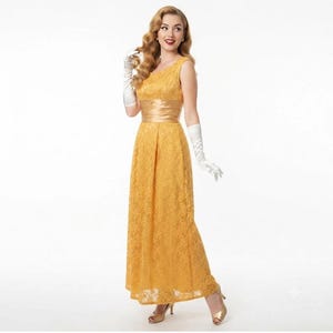Gouden, oranje galajurk voor dames, maxi, maat S, met kant en satijnen taille, avondjurk, vintage jaren 60, jaren 50, verleidelijke, sexy bombshell-stijl.