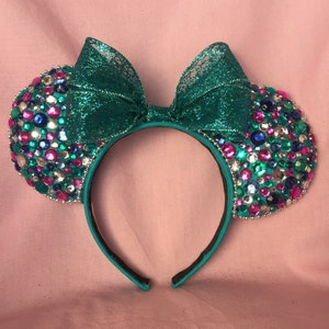 Bedazzled Mickey Ears, Teal Mickey Ears, Green mickey ears, sparkly mickey ears, sparkly minnie ears, disney ears, scrunchie