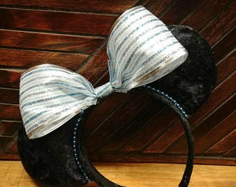Blue strip mouse ears, black mouse ears, blue bow, classic mickey ears, black mickey ears
