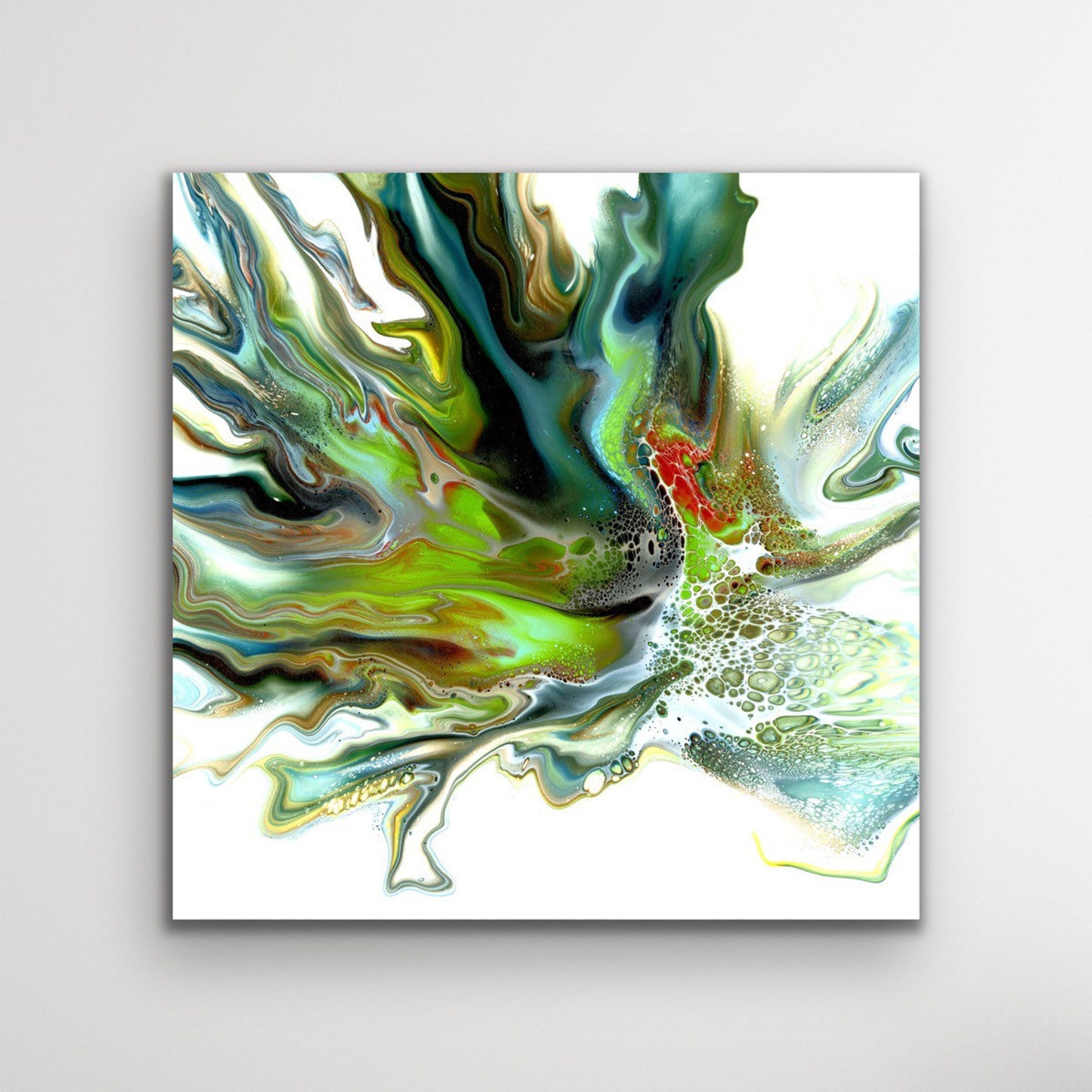 Contemporary Abstract Art White Green Painting Fluid Art Etsy